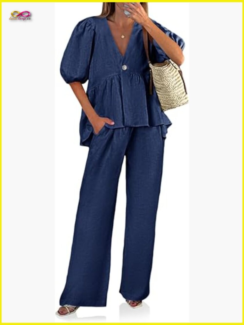 Womens 2 Piece Linen Set Babydoll Top Wide Leg Pants Matching Vacation Outfit